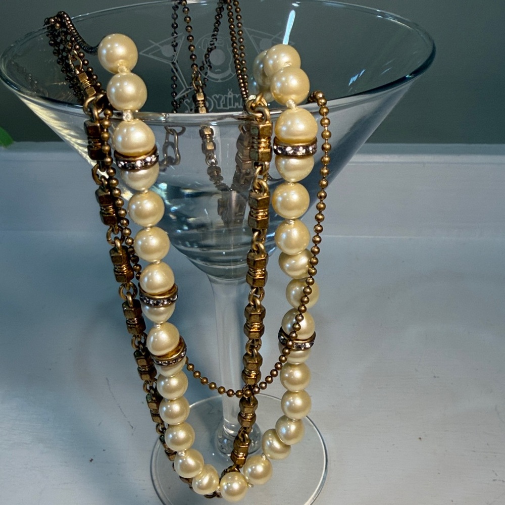 J.Crew Multi-Strand Layered Faux Pearl & Gold-Tone Necklace - Picture 2 of 8
